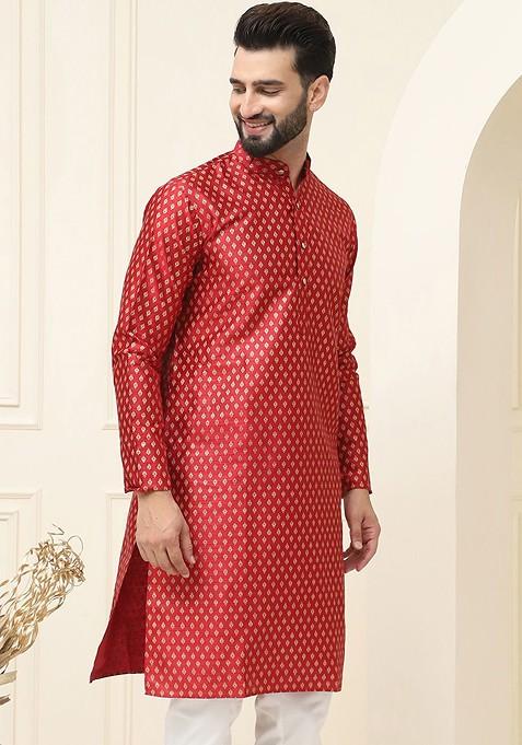 Maroon Ethnic Motifs Poly Blend Kurta For Men