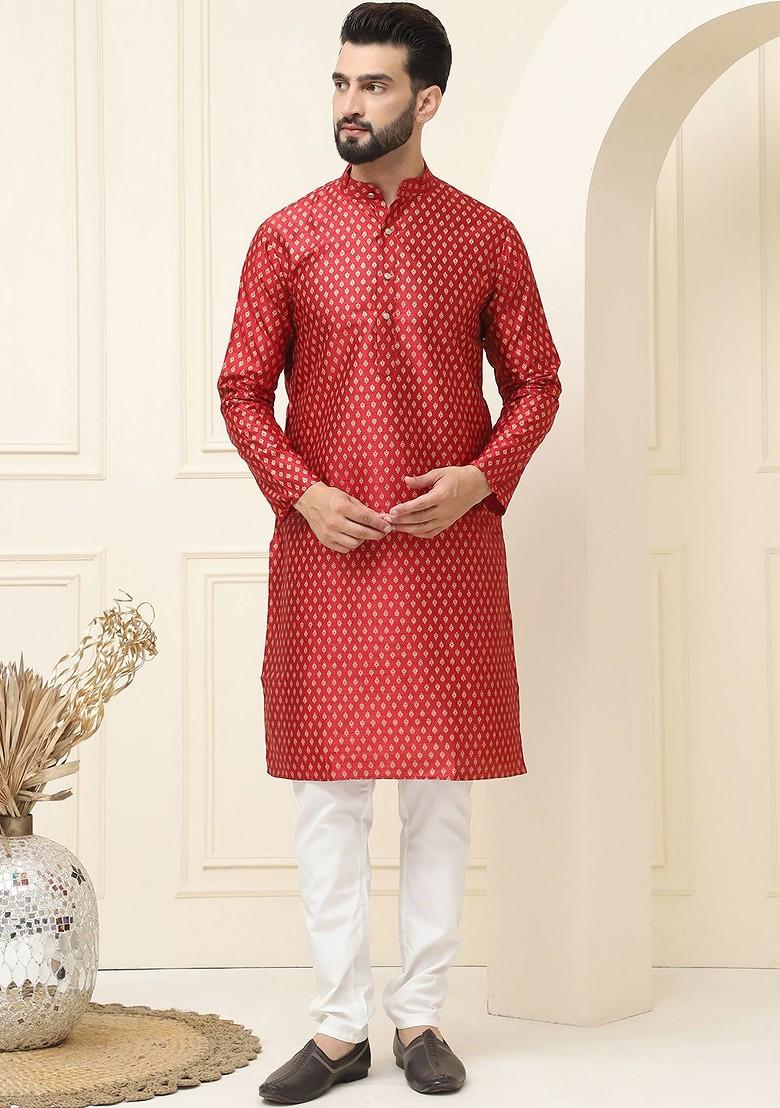 Sea Green Ethnic Motifs Poly Blend Kurta For Men