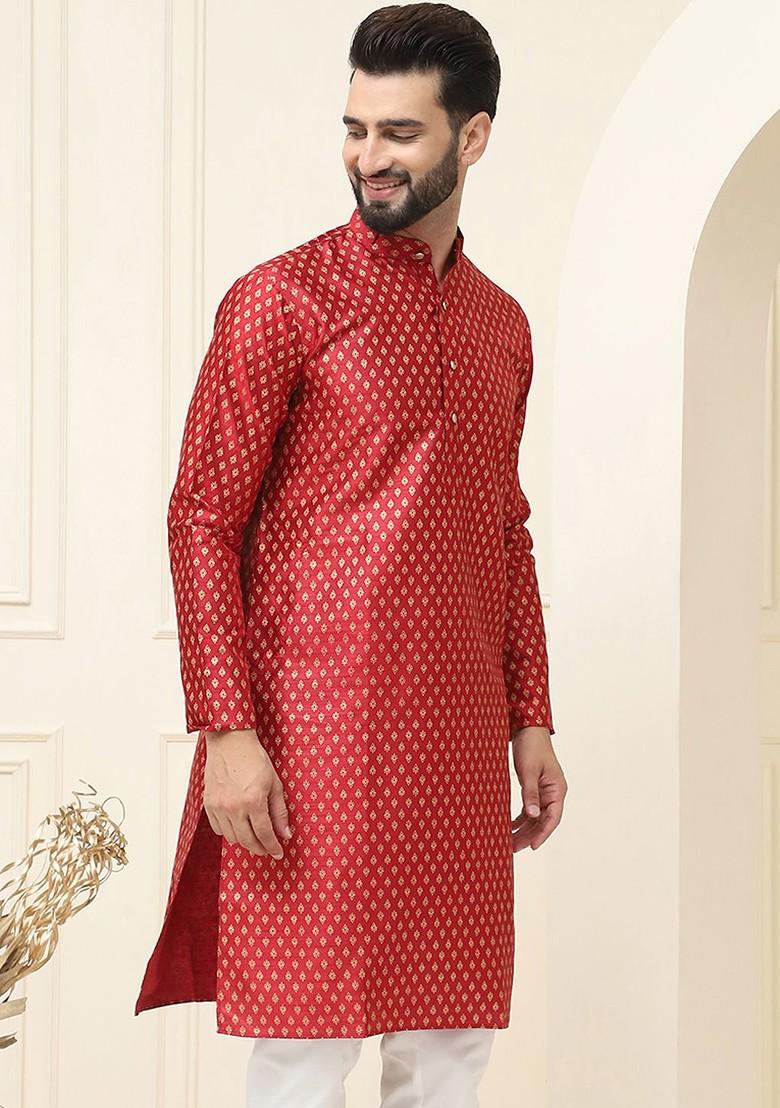 Sea Green Ethnic Motifs Poly Blend Kurta For Men