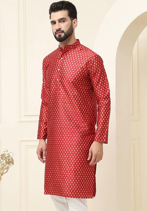 Sea Green Ethnic Motifs Poly Blend Kurta For Men