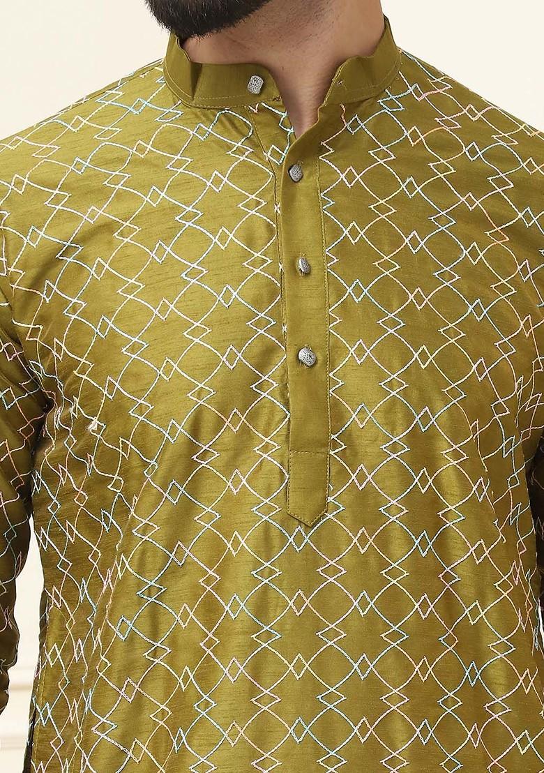 Olive Thread Work Poly Blend Kurta For Men