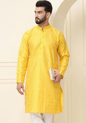 Mustard Thread Work Poly Blend Kurta For Men