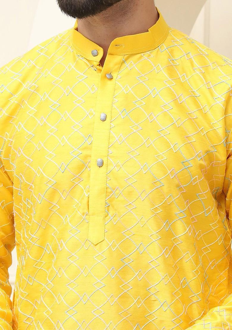 Mustard Thread Work Poly Blend Kurta For Men