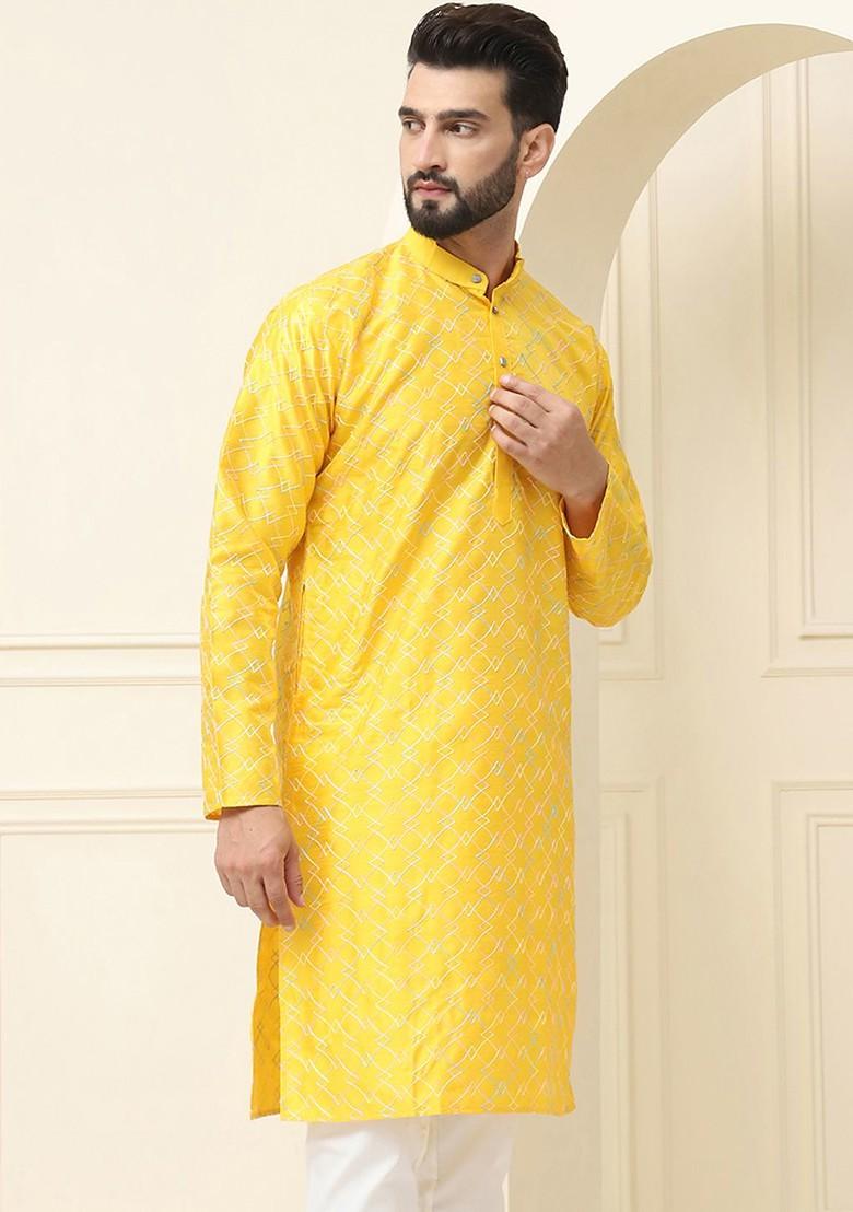 Mustard Thread Work Poly Blend Kurta For Men