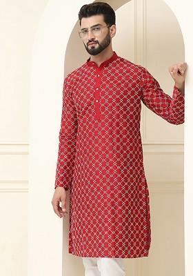 Maroon Thread Work Poly Blend Kurta For Men