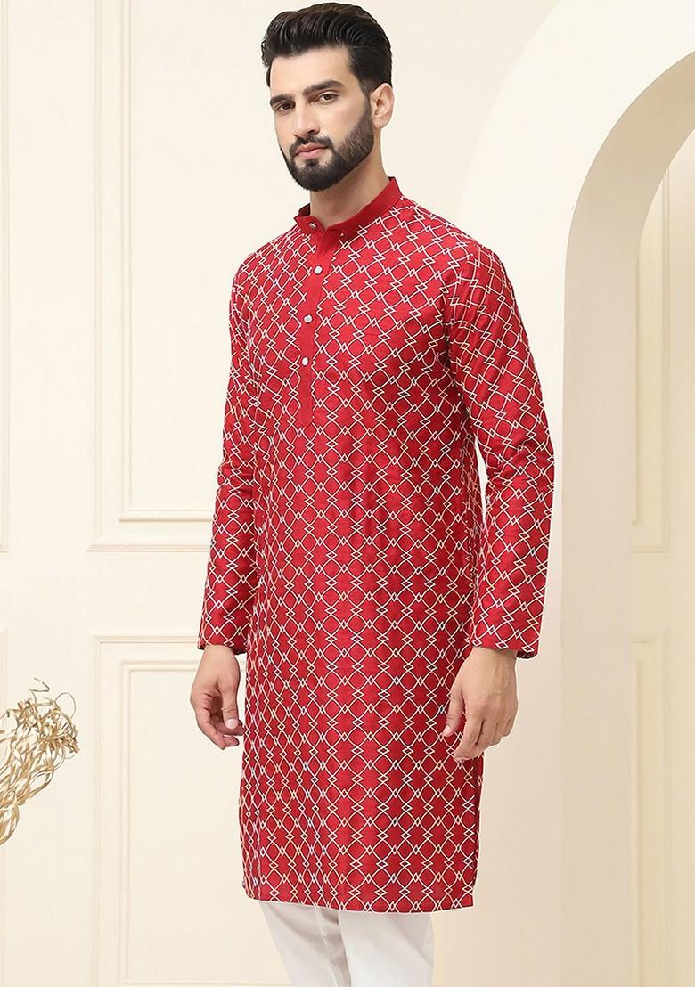 Maroon Thread Work Poly Blend Kurta For Men