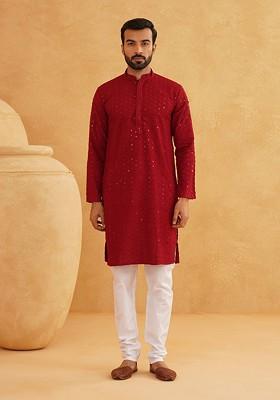 Maroon Embroidered Poly Blend Kurta For Men