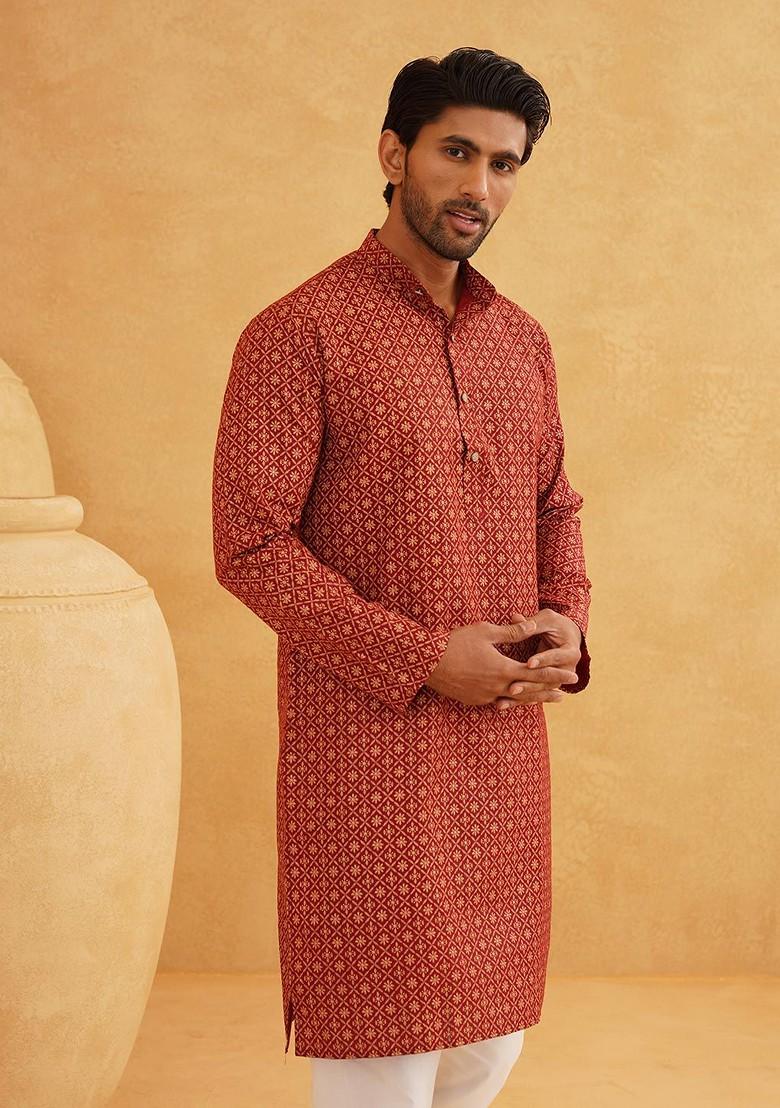 Maroon Ethnic Motifs Poly Blend Kurta For Men