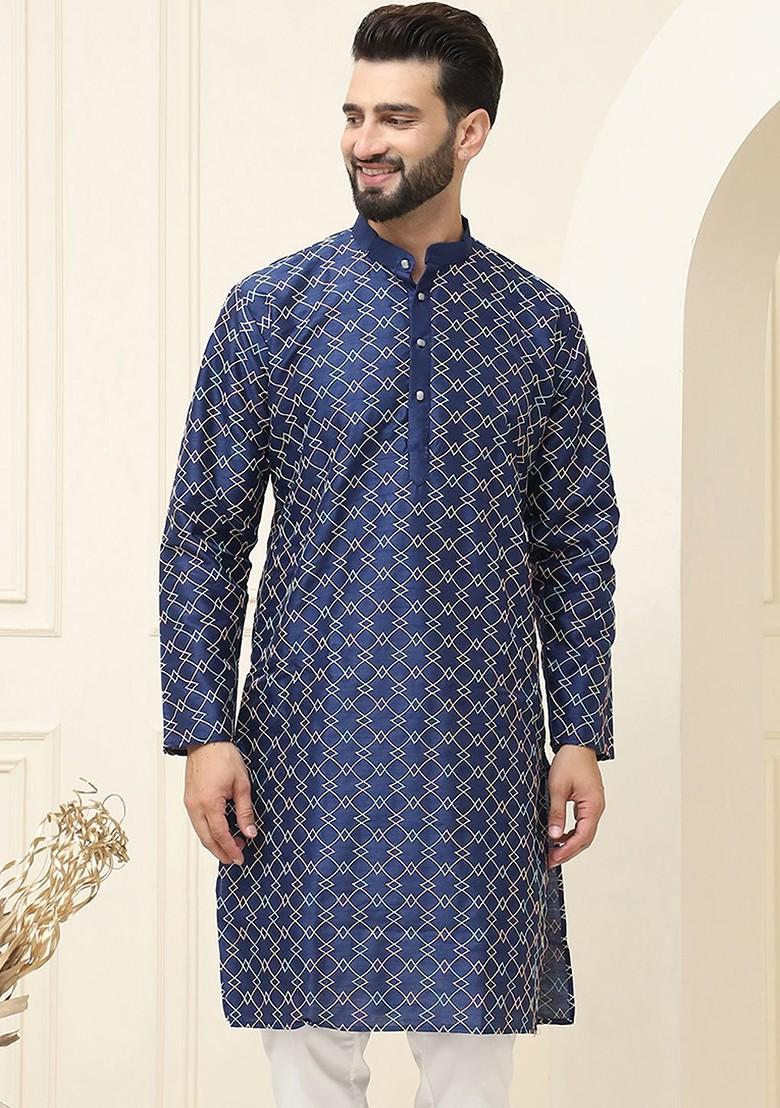 Navy Blue Thread Work Poly Blend Kurta For Men