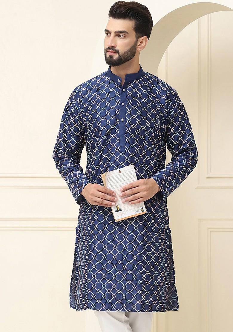 Navy Blue Thread Work Poly Blend Kurta For Men