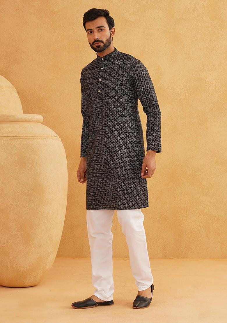 Black Printed Poly Blend Kurta For Men
