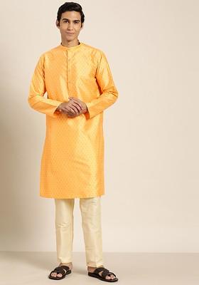 Mustard Ethnic Motifs Silk Kurta For Men