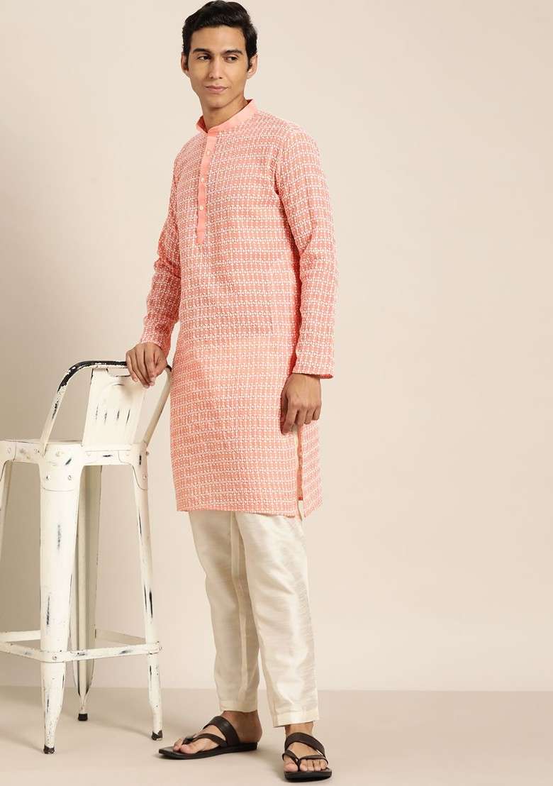 Peach Embroidered Poly Blend Kurta For Men - Indya