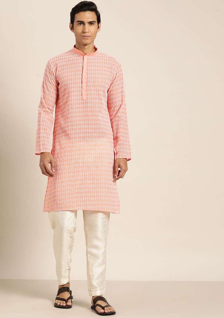 Peach Embroidered Poly Blend Kurta For Men - Indya