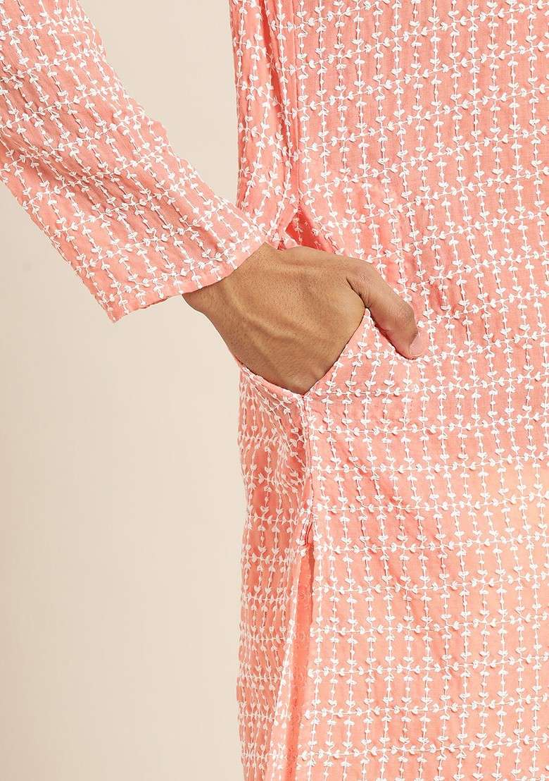 Peach Embroidered Poly Blend Kurta For Men - Indya
