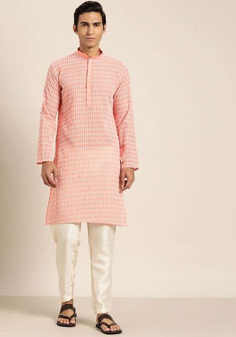 Peach Embroidered Poly Blend Kurta For Men