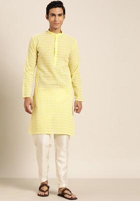 Yellow Embroidered Poly Blend Kurta For Men