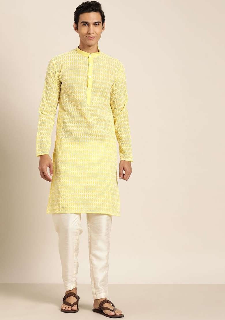Yellow Embroidered Poly Blend Kurta For Men - Indya