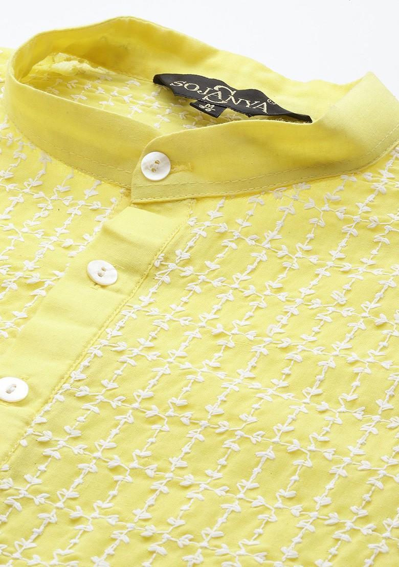 Yellow Embroidered Poly Blend Kurta For Men