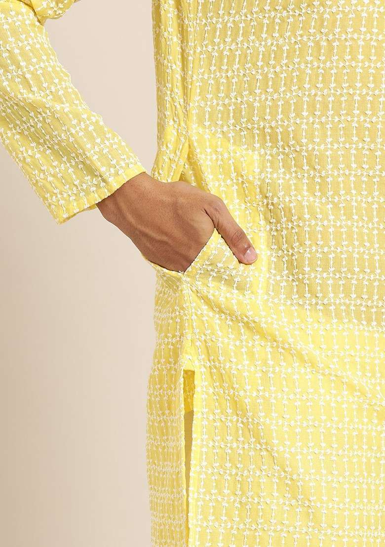 Yellow Embroidered Poly Blend Kurta For Men - Indya
