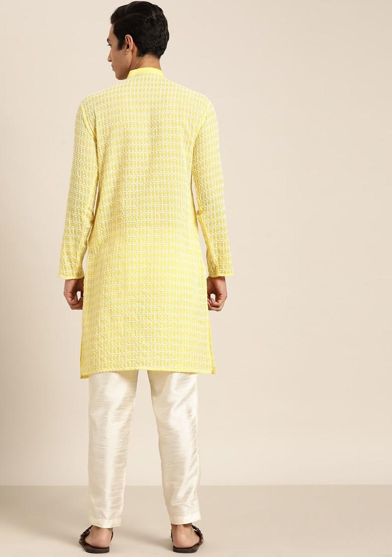 Yellow Embroidered Poly Blend Kurta For Men