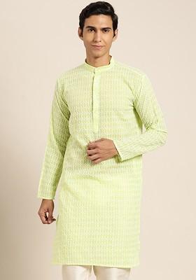 Green Embroidered Cotton Kurta For Men
