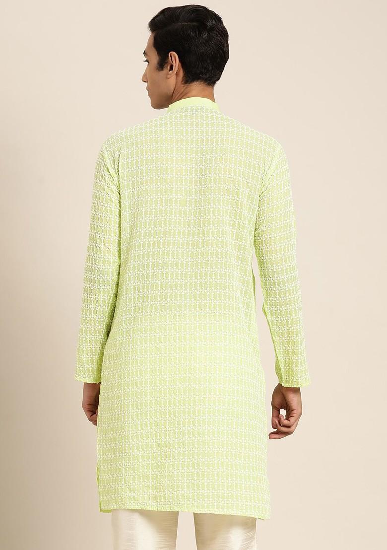 Green Embroidered Cotton Kurta For Men