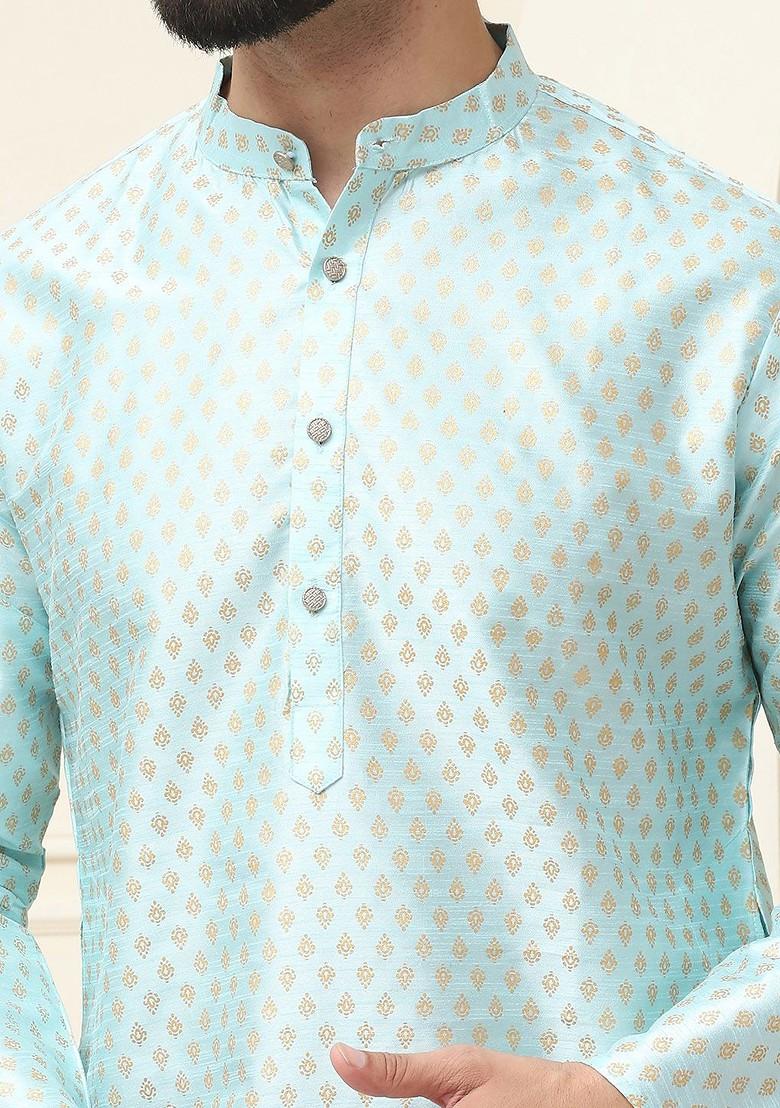 Blue Ethnic Motifs Cotton Kurta For Men