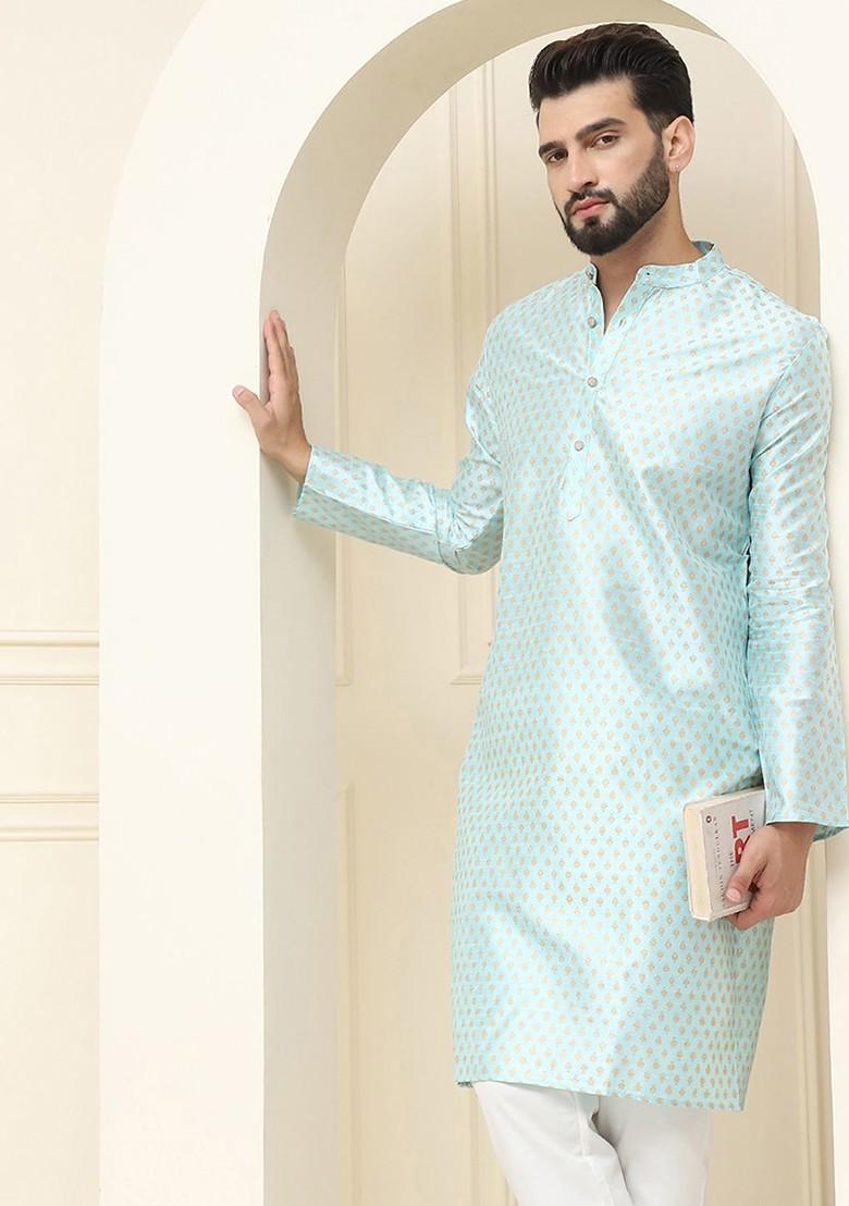 Blue Ethnic Motifs Cotton Kurta For Men