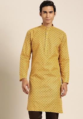 Mustard Ethnic Motifs Cotton Kurta For Men