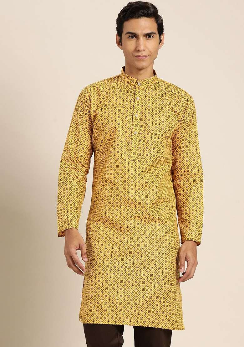 Mustard Ethnic Motifs Cotton Kurta For Men - Indya
