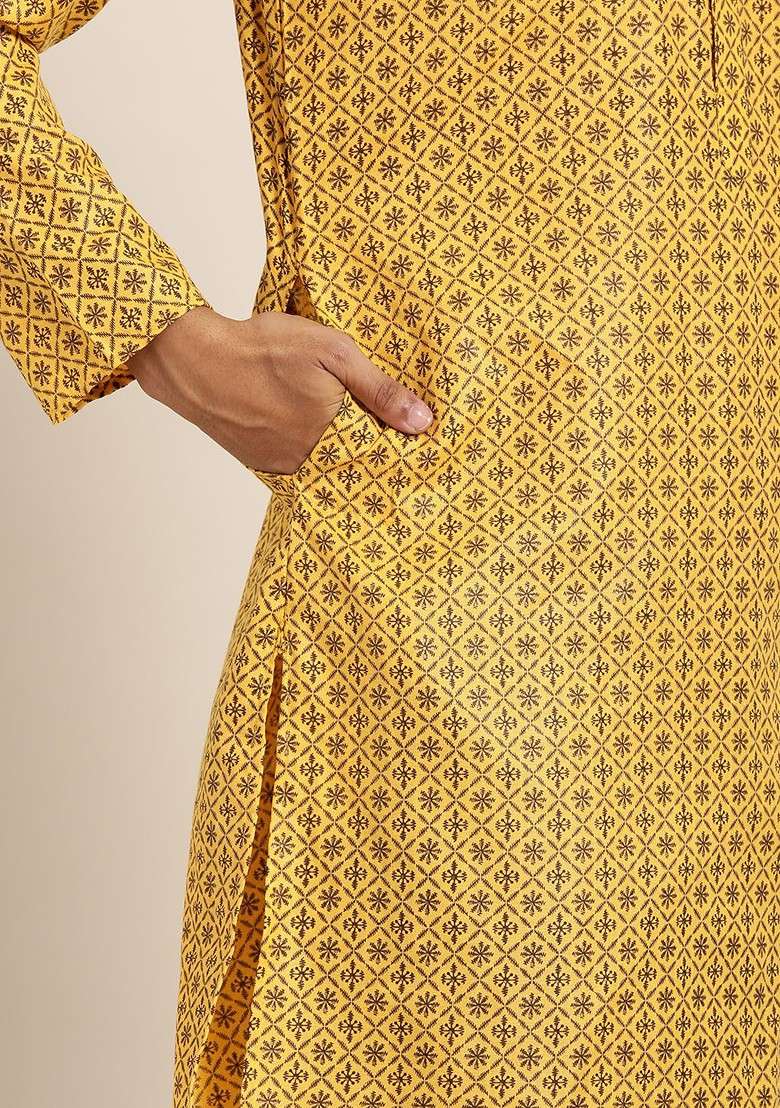 Mustard Ethnic Motifs Cotton Kurta For Men - Indya