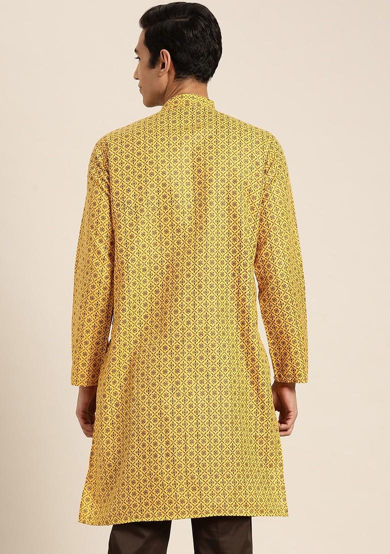 Mustard Ethnic Motifs Cotton Kurta For Men