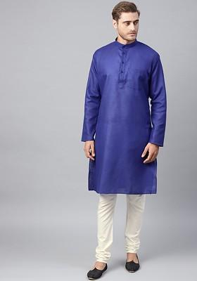Blue Solid Cotton Kurta For Men