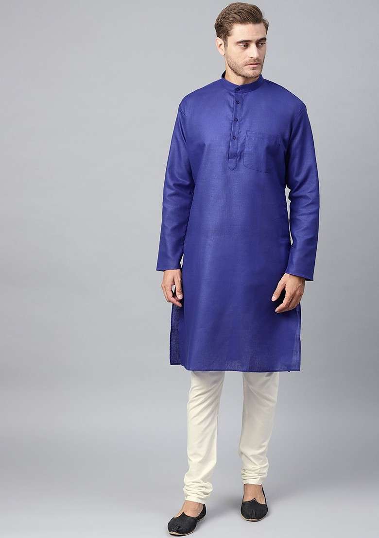 Blue Solid Cotton Kurta For Men - Indya