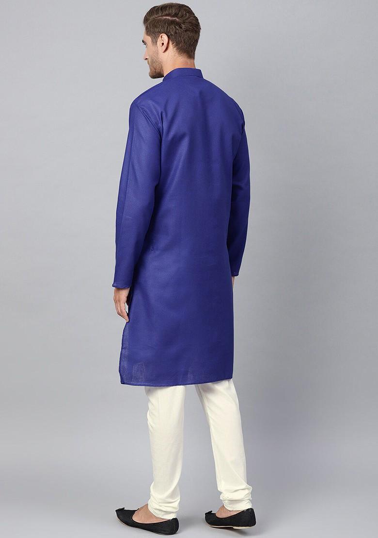 Blue Solid Cotton Kurta For Men