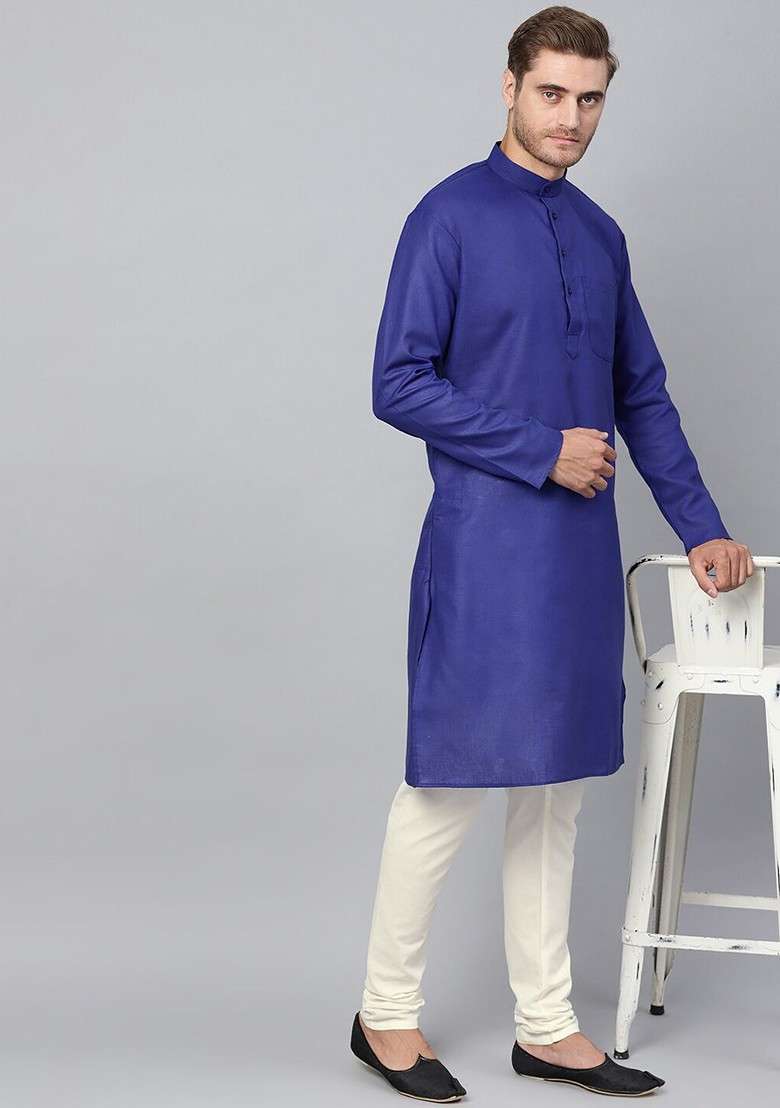 Blue Solid Cotton Kurta For Men - Indya