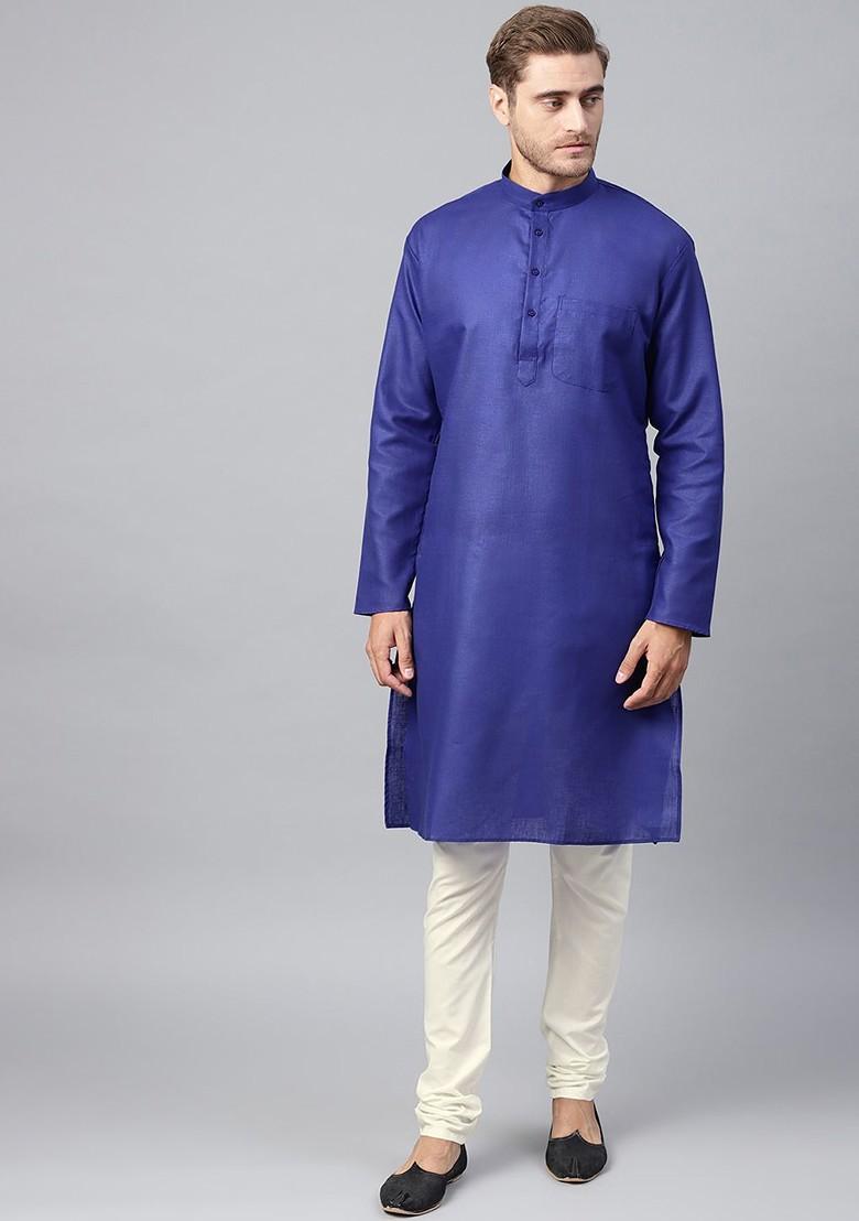 Blue Solid Cotton Kurta For Men