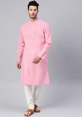 Pink Solid Cotton Kurta For Men