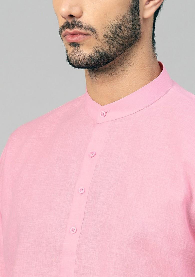 Pink Solid Cotton Kurta For Men