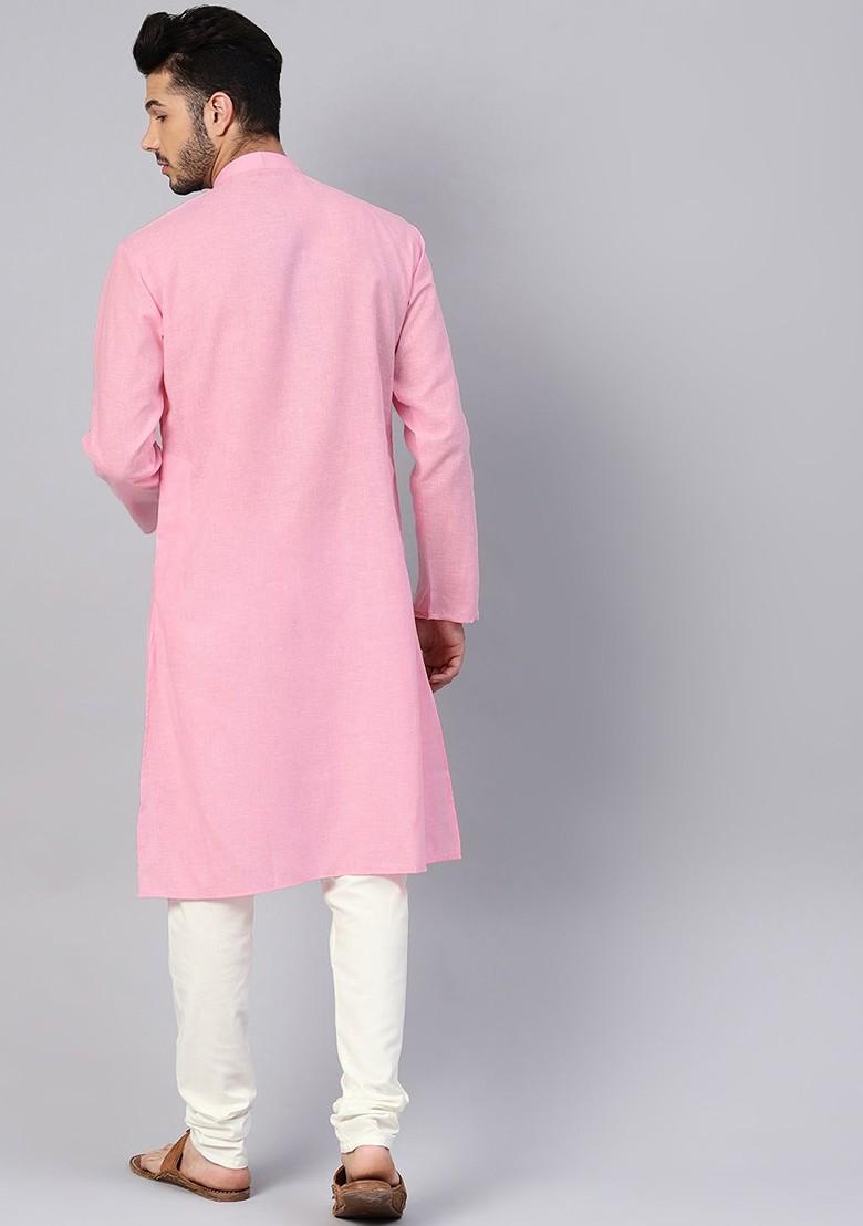 Pink Solid Cotton Kurta For Men