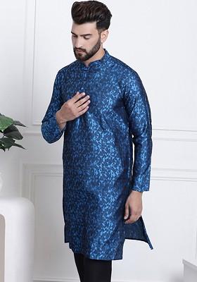 Navy Blue Printed Poly Blend Kurta For Men
