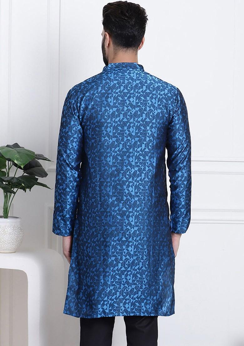 Navy Blue Printed Poly Blend Kurta For Men