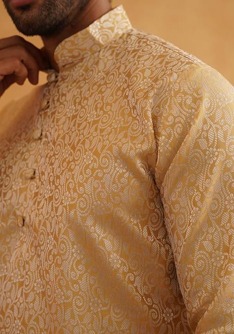 Gold Ethnic Motifs Poly Blend Kurta For Men