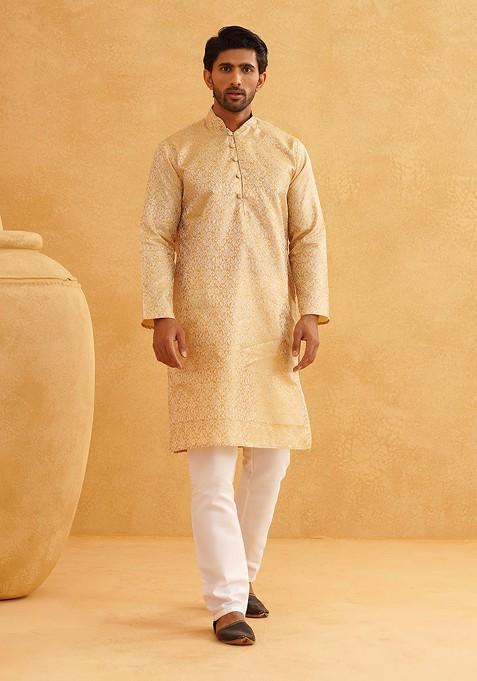 Gold Ethnic Motifs Poly Blend Kurta For Men
