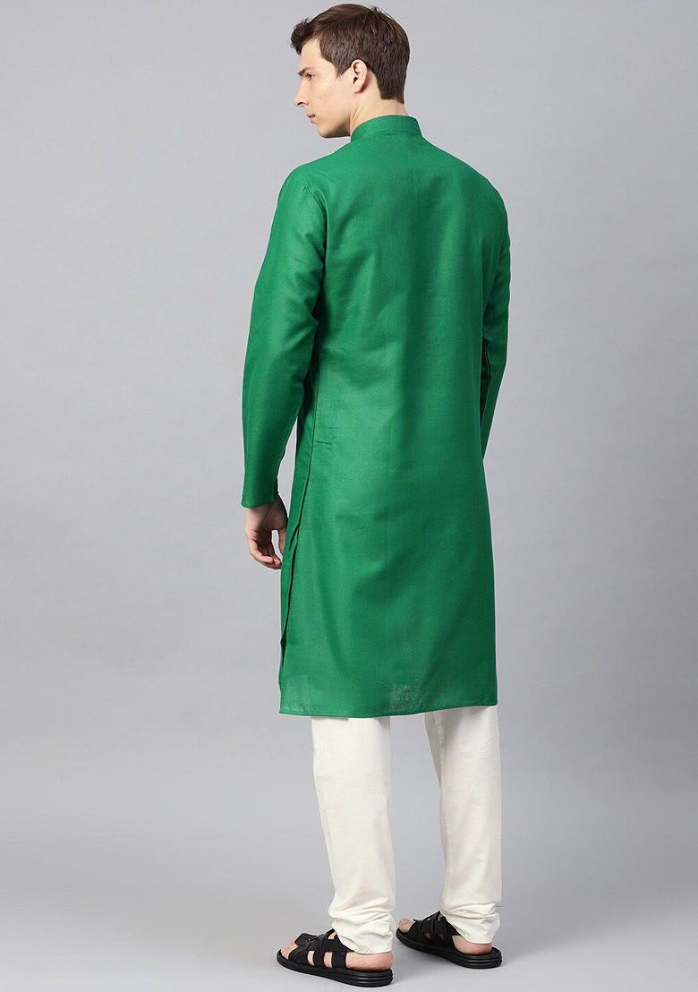 Green Solid Cotton Kurta For Men