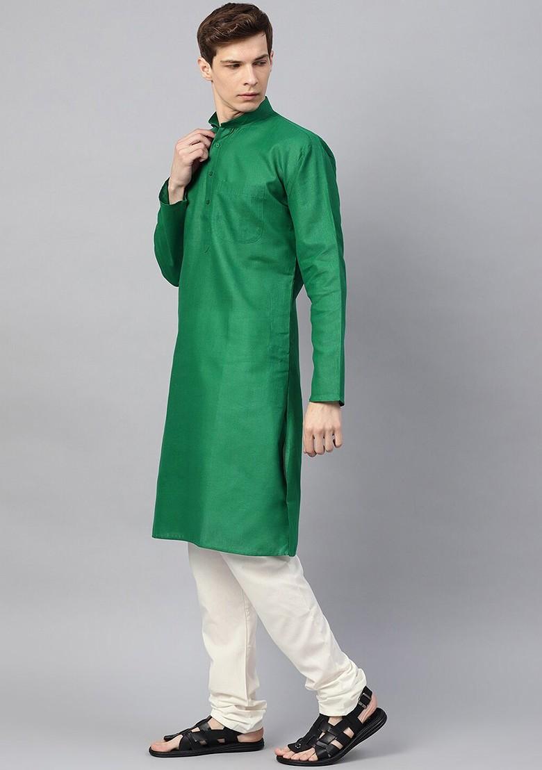 Green Solid Cotton Kurta For Men