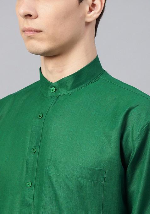 Green Solid Cotton Kurta For Men