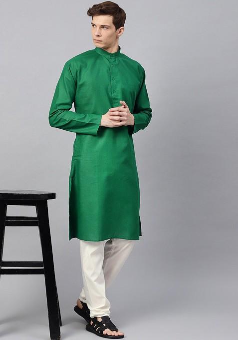 Green Solid Cotton Kurta For Men