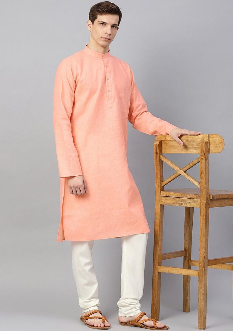 Peach Solid Poly Blend Kurta For Men